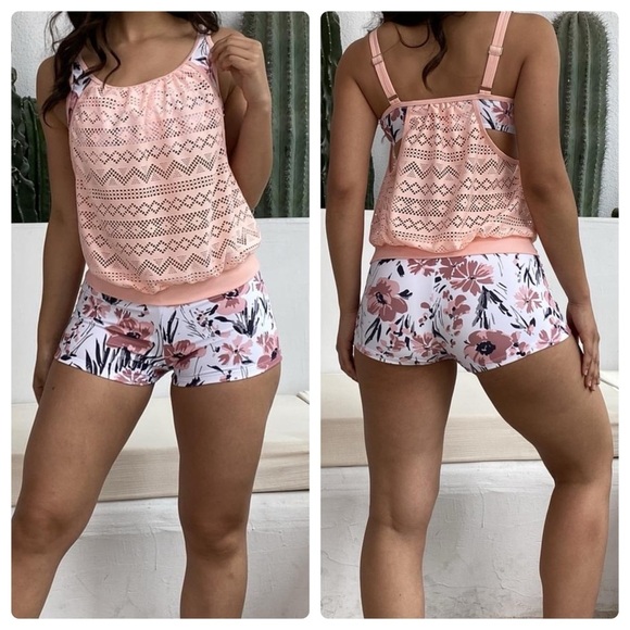 Pretty Woman Boutique Other - Pink Flower Print Mesh Tankini Set